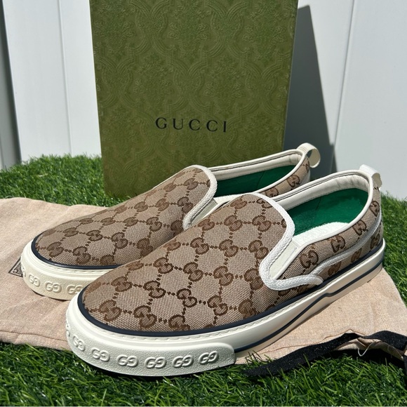 GUCCI TENNIS 1977 LOAFERS SLIP-ON SNEAKERS GG SUPREME MONOGRAM BEIGE EVONY G8 - Picture 1 of 16
